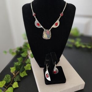 Silver Plate Chain Necklace with Red Onyz and Ruby in Fuchsite Pendant Earrings